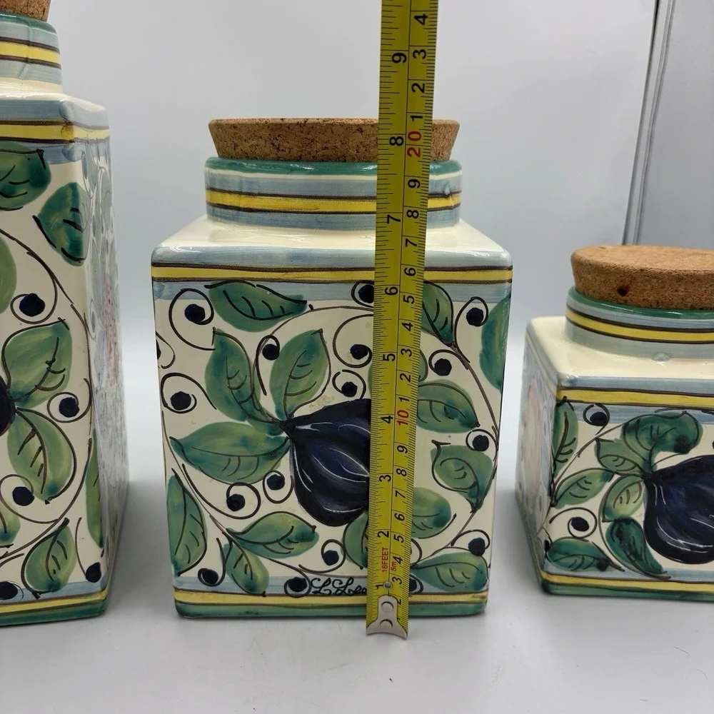Leoncini‎ Italy Hand Painted Ceramic Canister Set San Gimignano Fruit Cork Lid